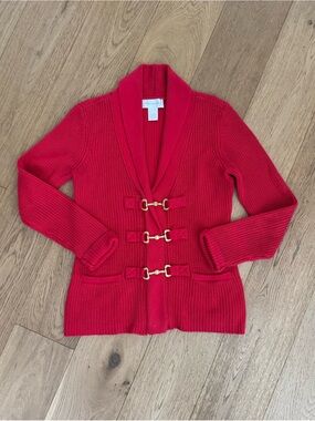 Soft Surroundings Red Equestrian Preppy Cotton Cardigan Sweater, XS